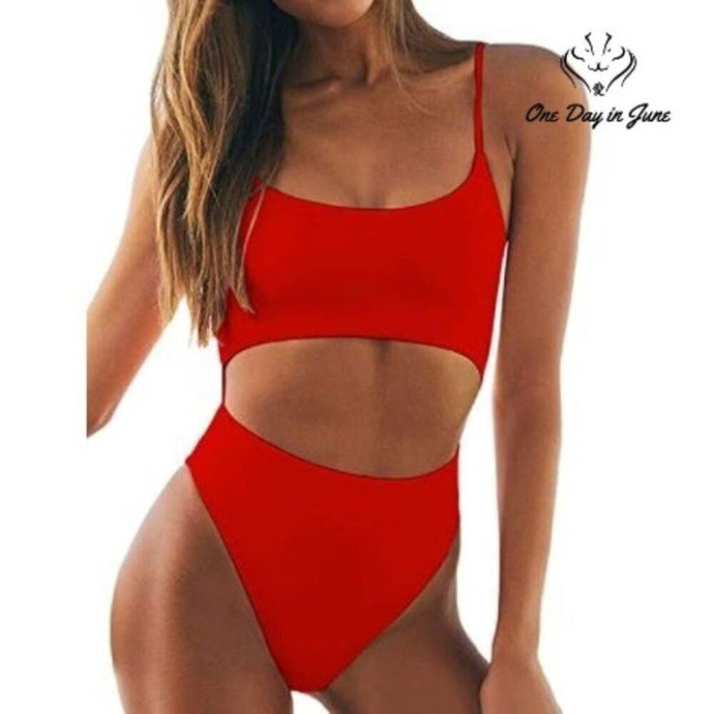 Meyeeka Scoop Neck Cut Out Front Lace Up High Cut Monokini Size L